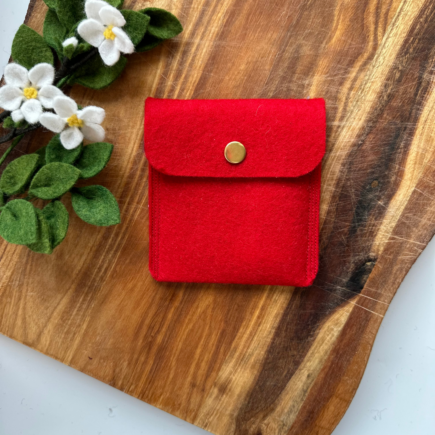 red merino felt pouch with gold press stud 