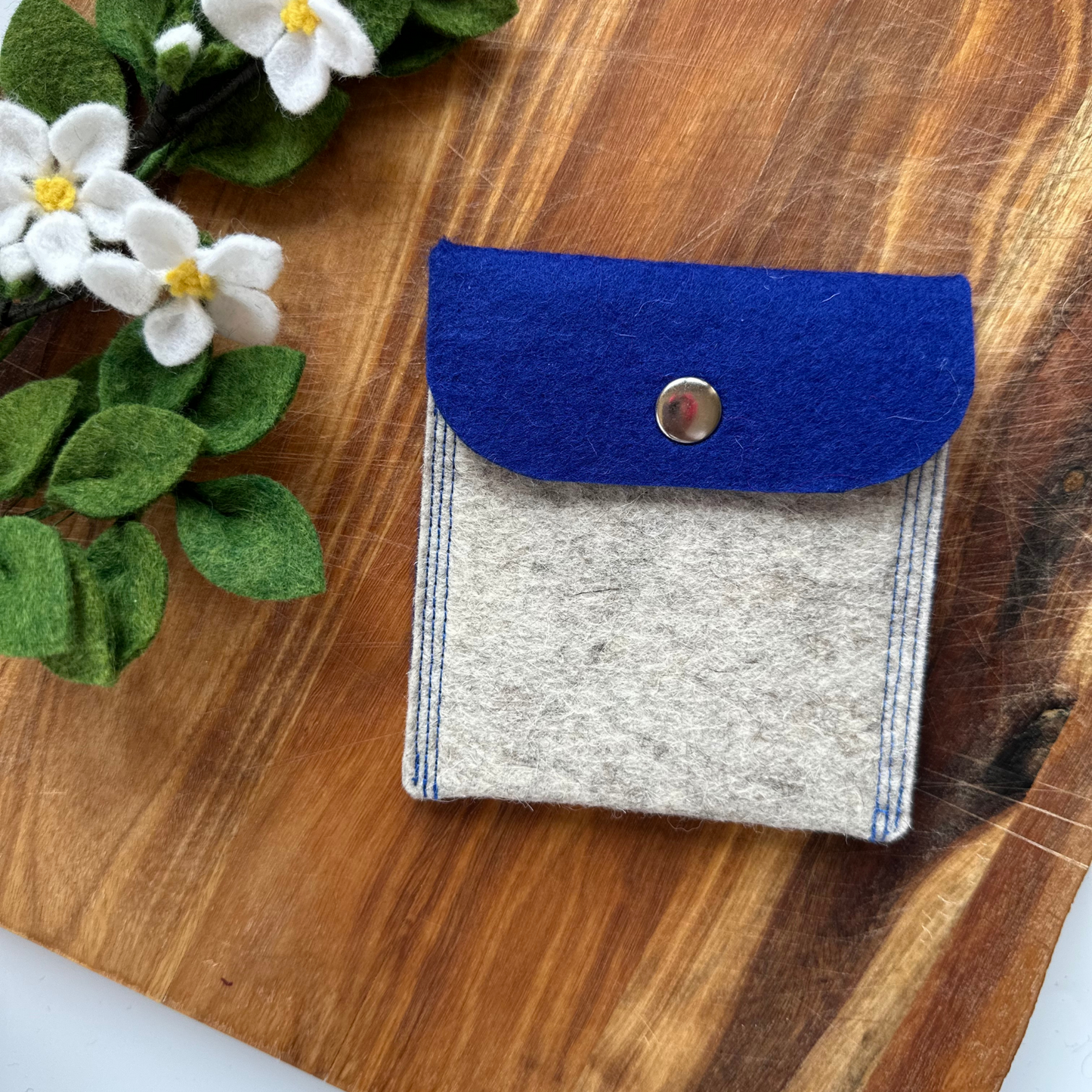 Blue and natural beige felt pouch