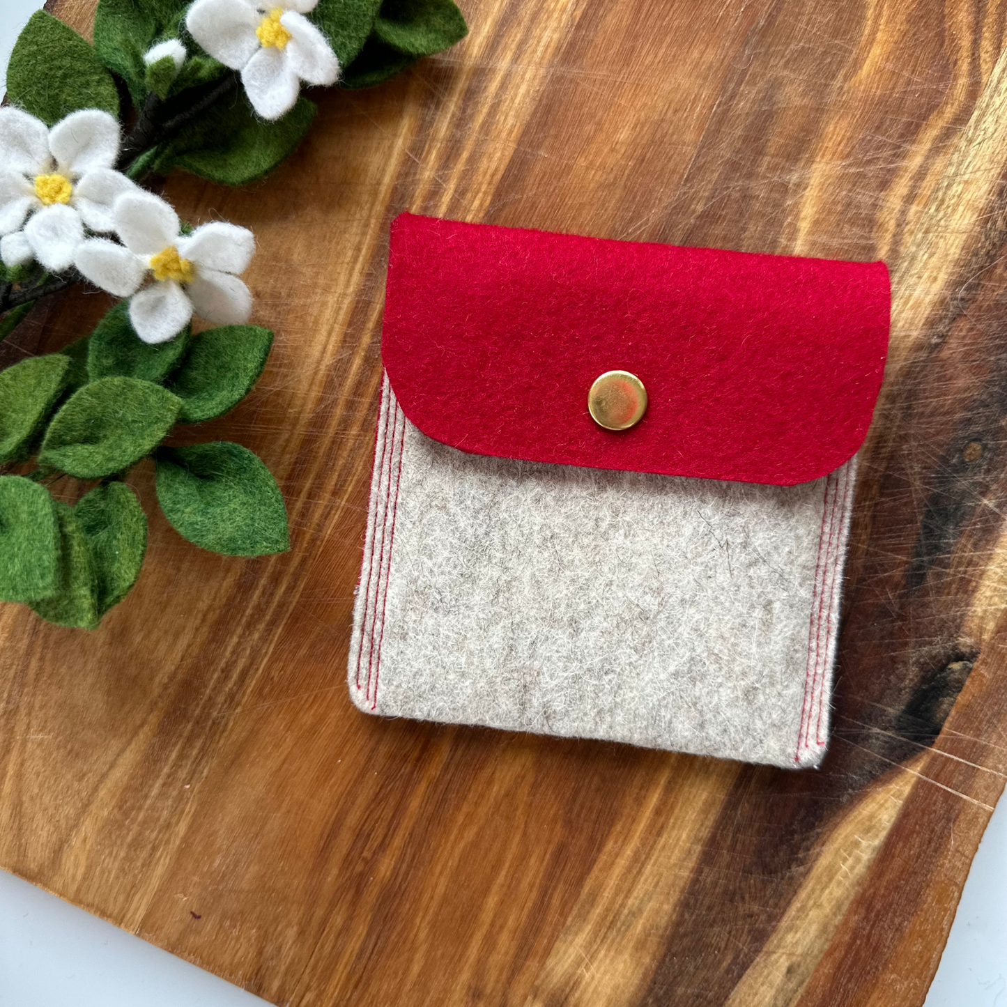 red and natural beige felt pouch