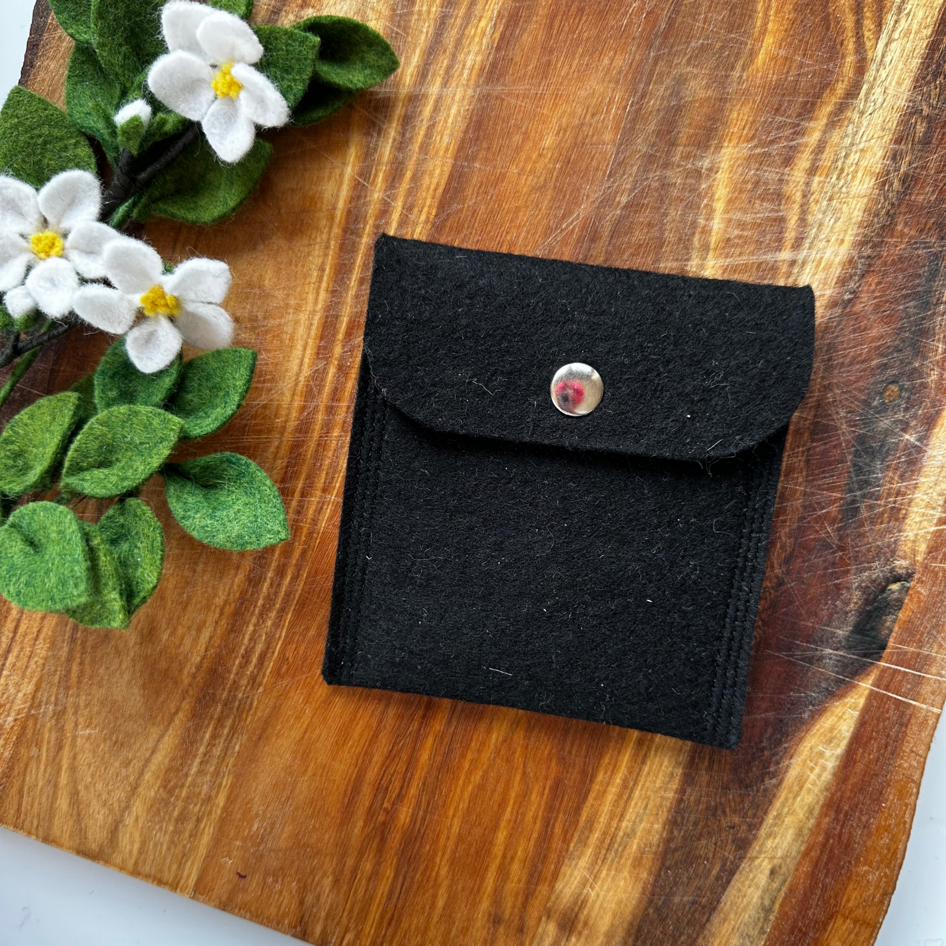 black merino felt pouch with silver press stud 