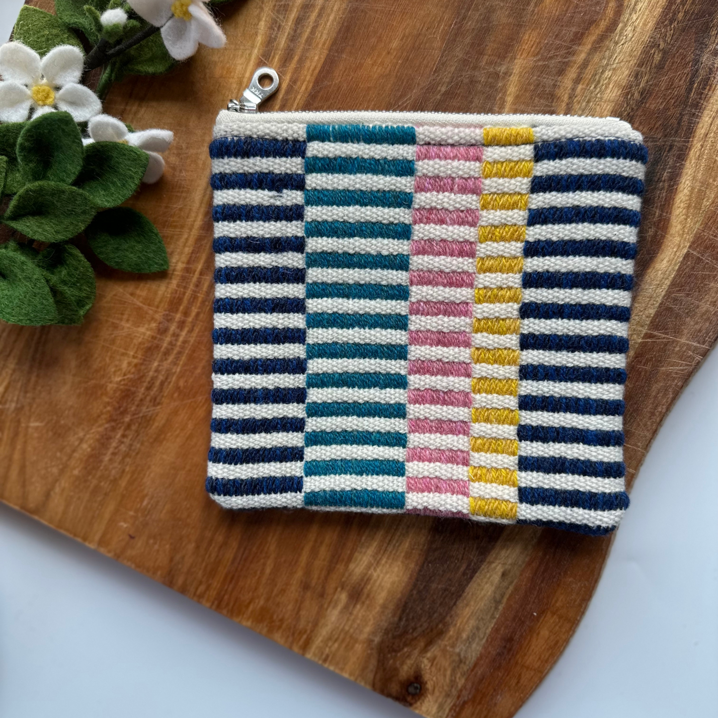 Blue, Yellow, Turquoise and Pink Striped Handwoven Zipper Purse