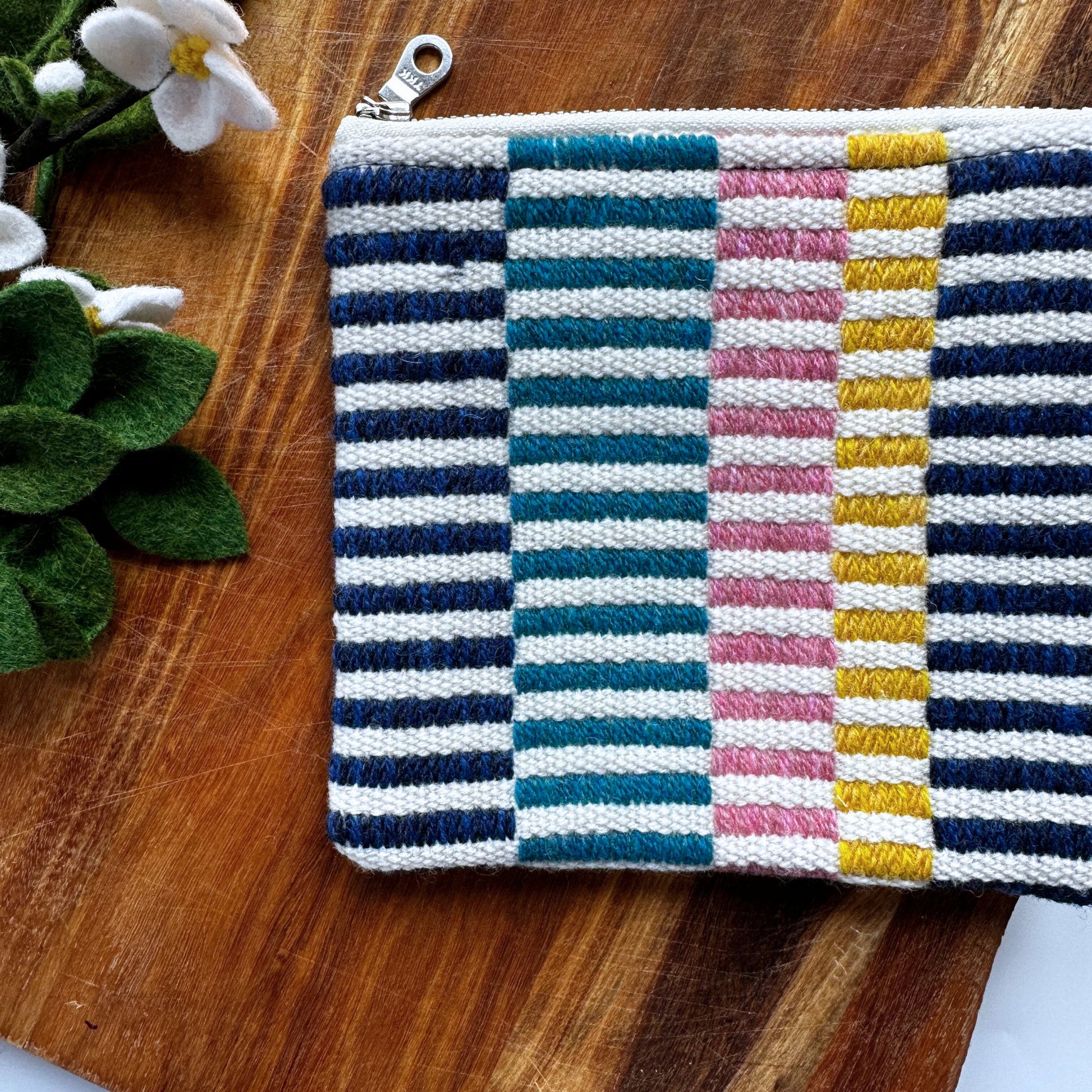 Blue, Yellow, Turquoise and Pink Striped Handwoven Zipper Purse