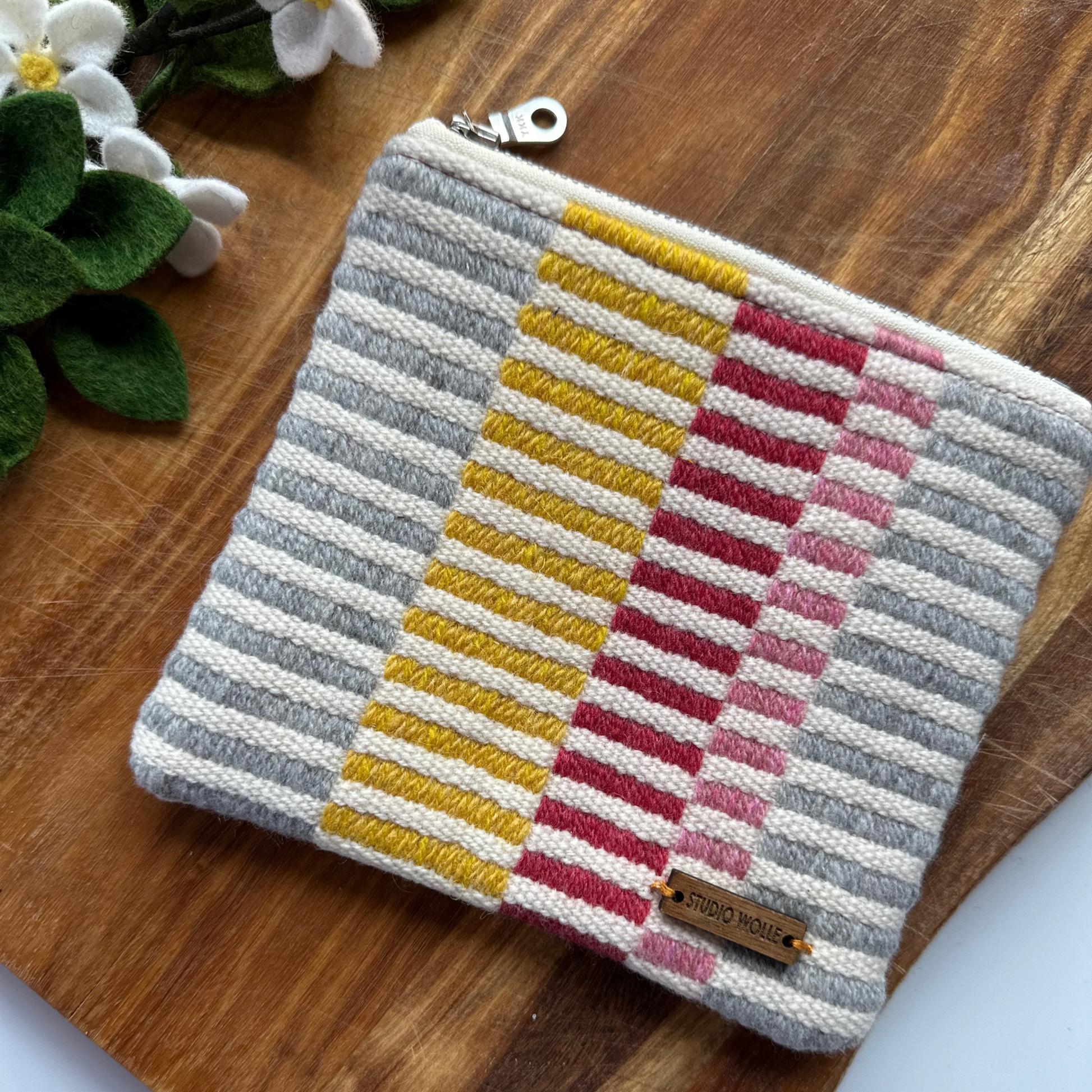 Red, Yellow, Grey and Pink Handwoven Merino Wool Small Zipper Pouch