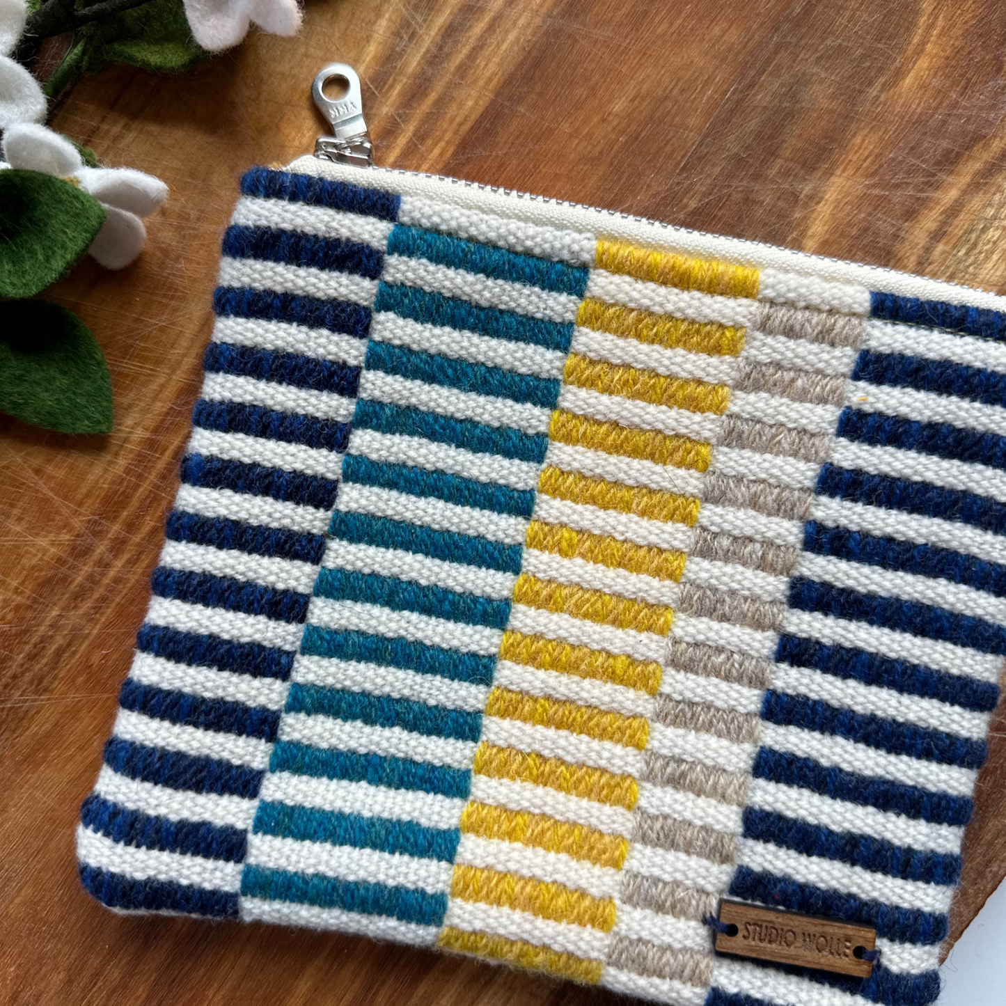 Blue, Turquoise, yellow and beige handwoven wool zipper purse