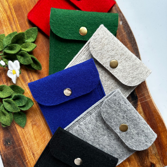 Group Shot of Square felt pouches in various colours 